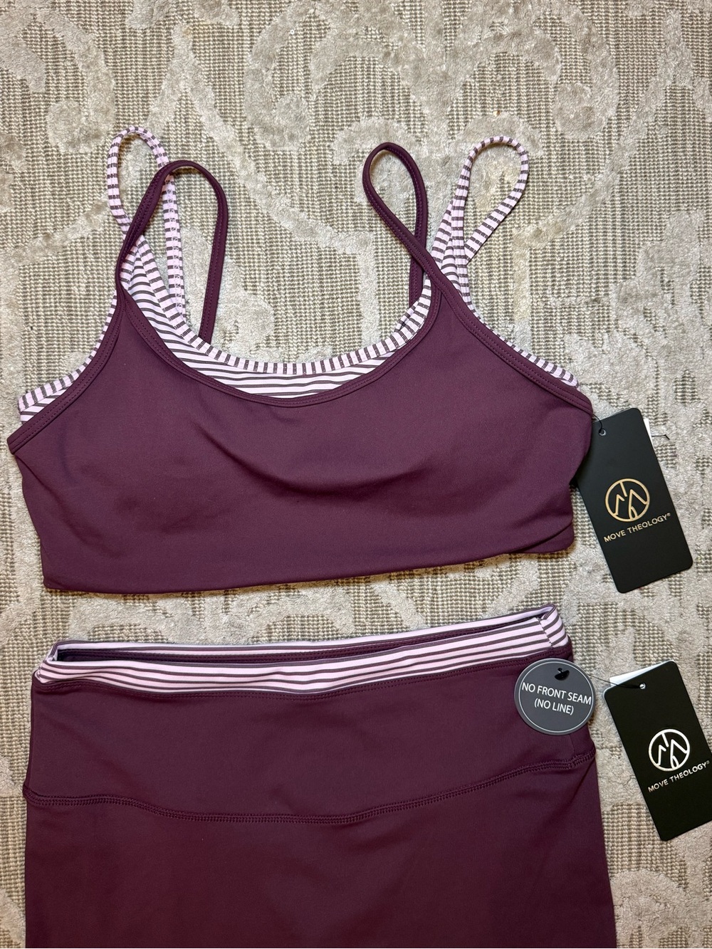 NWT Move Theology Striped Stripes Burgundy Maroon Workout Set Size Medium